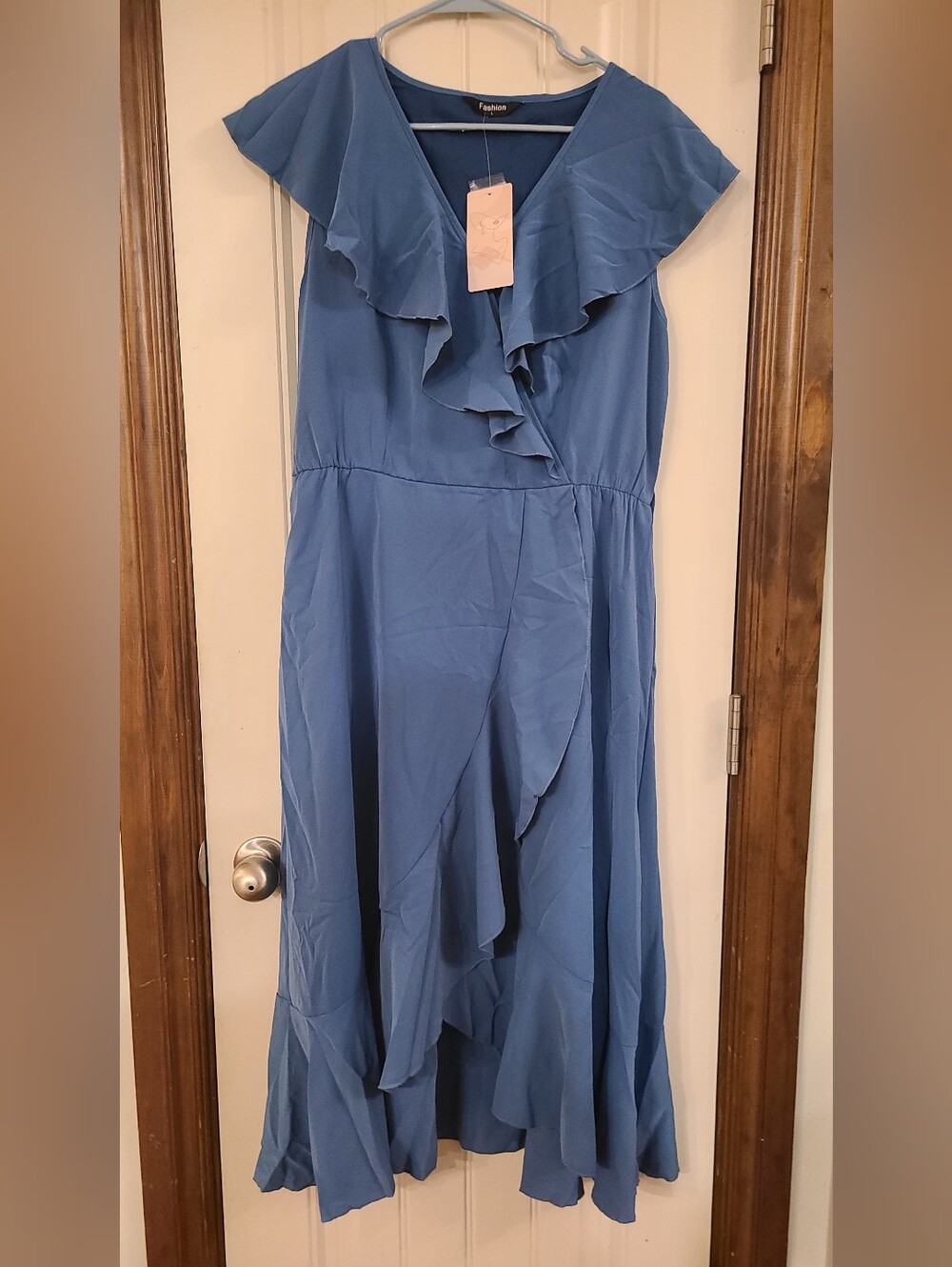 Fashion Ruffle Wrap Midi Dress in Dusty Blue Size L